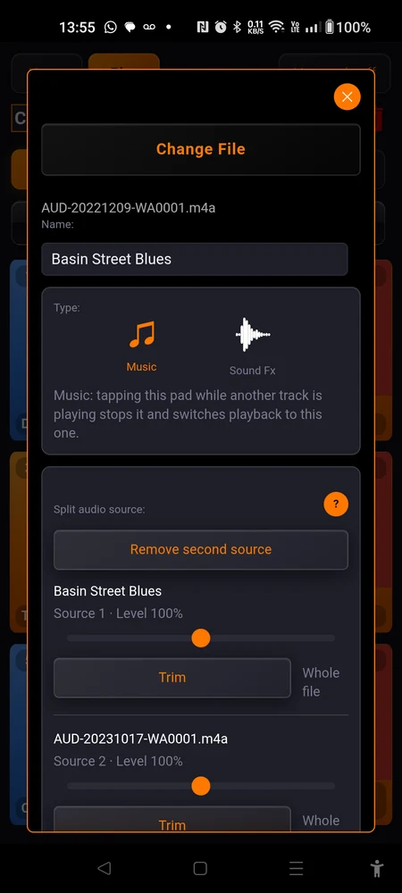 A pad's settings with Split audio source turned on: the two source strips with their levels and Trim buttons, then Channel balance and the Align button
