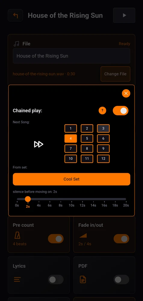 The chained play window: a grid of slot numbers, the set it points at, and a silence slider