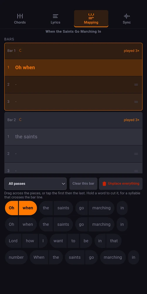 The mapping page, a line of words being dropped onto the bars
