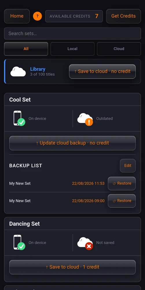 The save and load page, each set showing its phone and cloud state