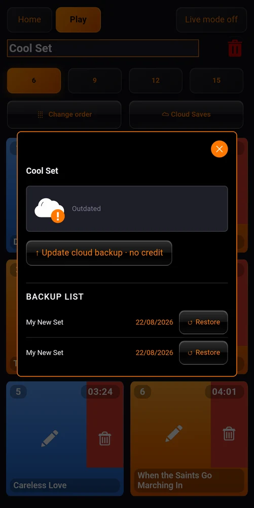 One set's backup list, the current version and older ones