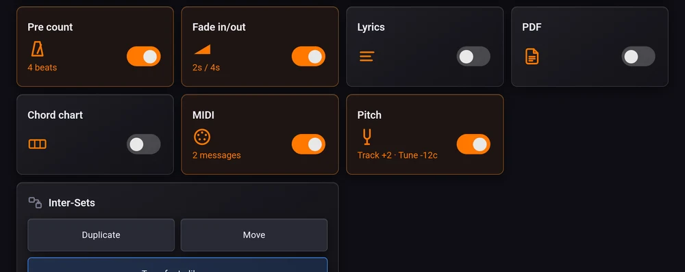 The pad settings in landscape: the count-in and the two fades side by side, each card saying what it is set to