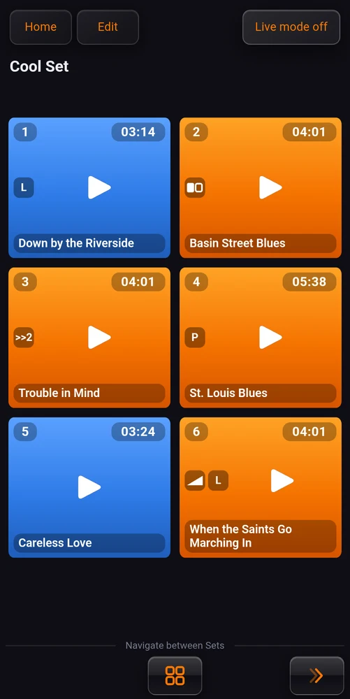 The same set out of live mode, with the edit button and the pad badges