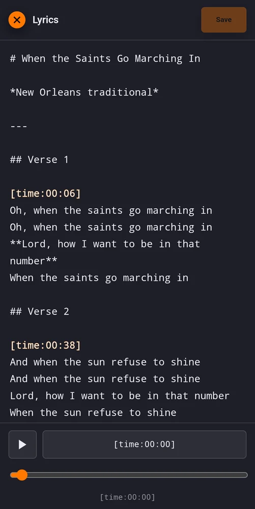 The lyrics editor with time marks in the text