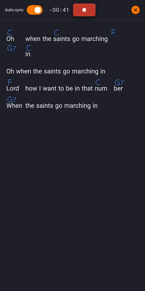Lyrics scrolling in time with the song, chords above the words