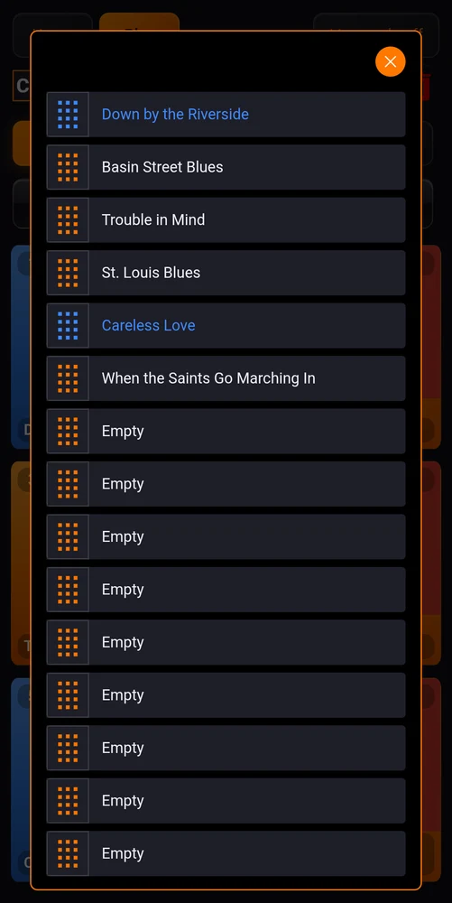 The reorder list, songs with drag handles