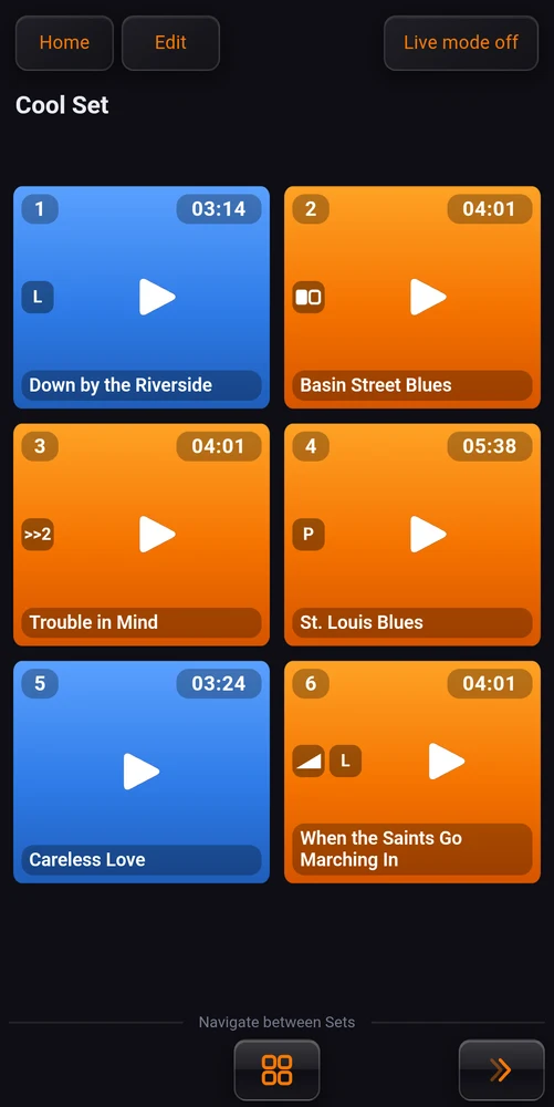 A set where two pads are blue because they play library titles, and the rest are orange because they own their file