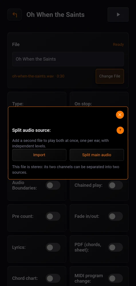 The split audio window: two sources, each with a level and a trim