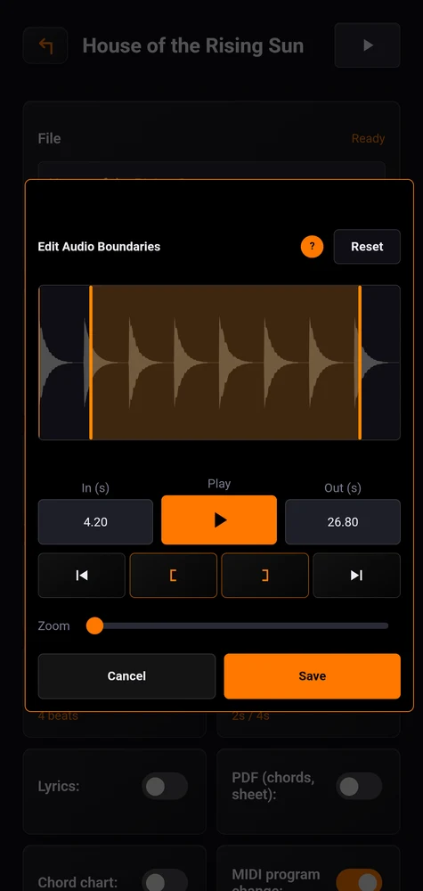 The audio boundaries editor: the waveform, the in and out fields, and Reset beside the title